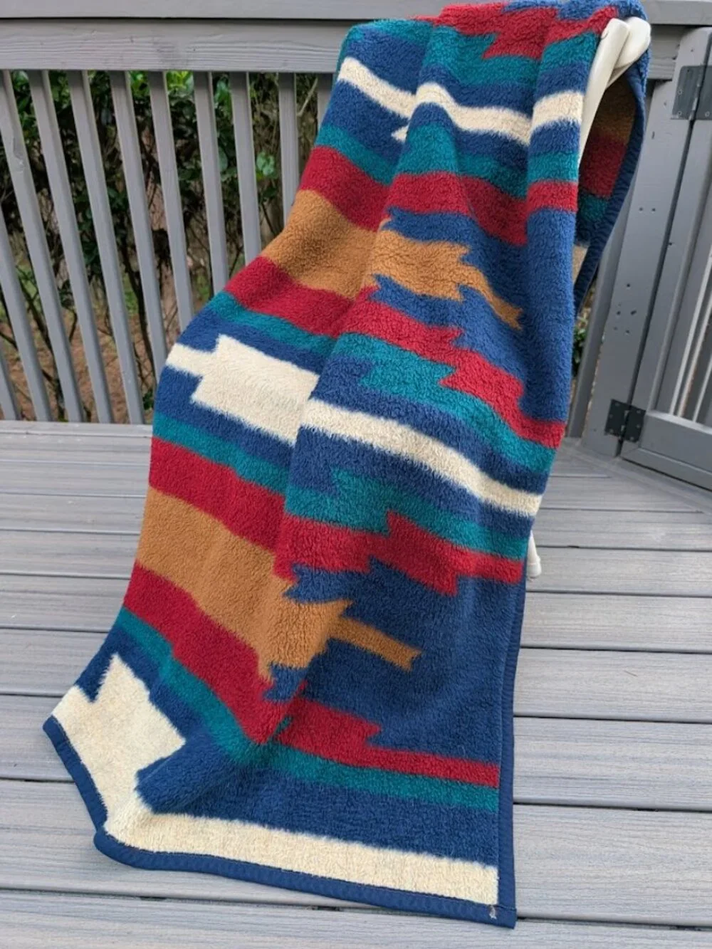 Biederlack Blanket Aztec Southwest Plush Blue Red Green Reversible Vintage